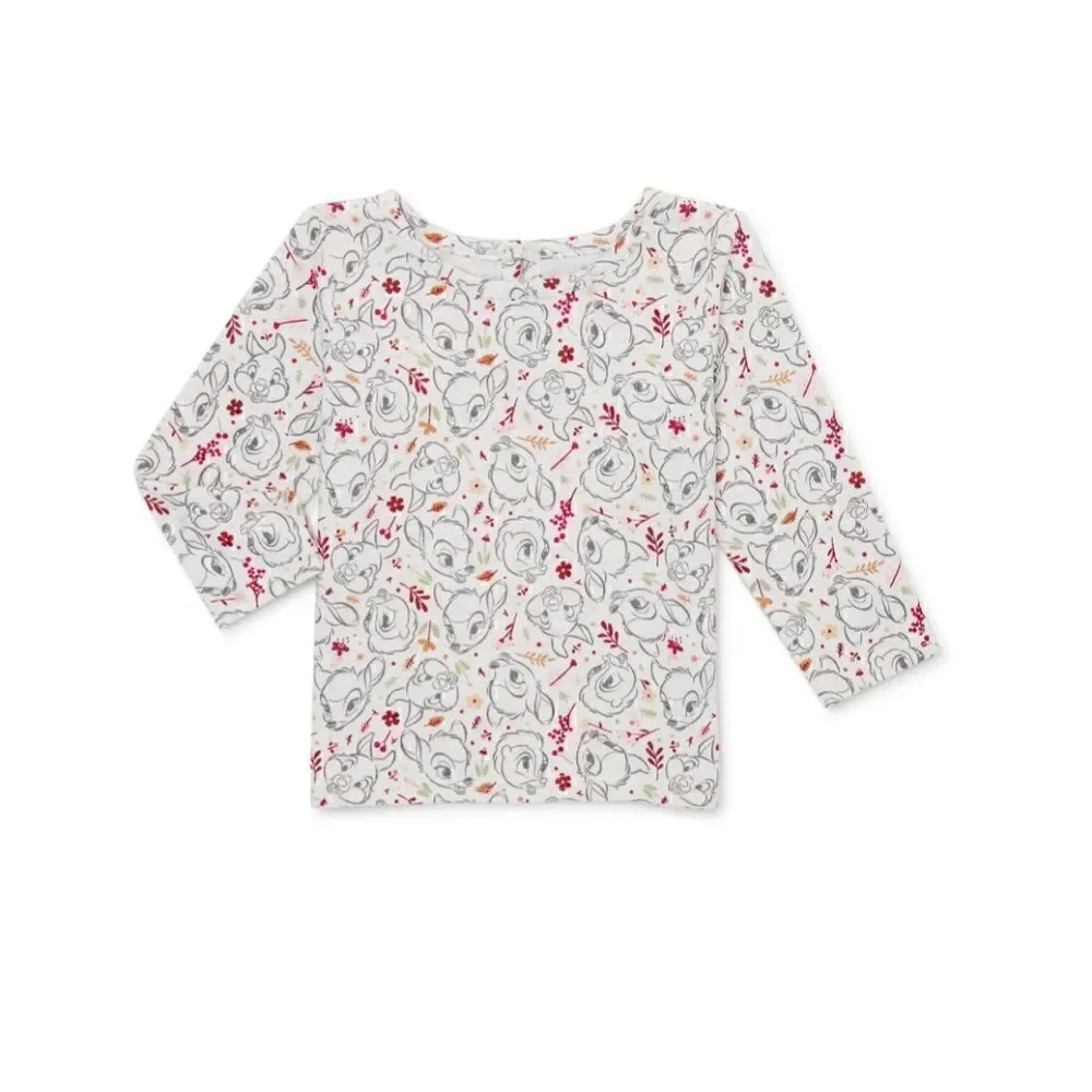Nwt Disney Bambi Baby Girls Pinafore Dress, Top withLong Sleeves and Tights Set